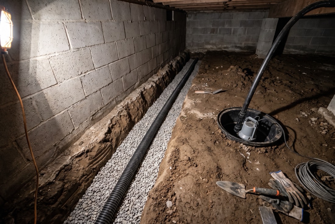 An interior perimeter drain trench with gravel and perforated pipe, and a sump basin set into the crawl space floor