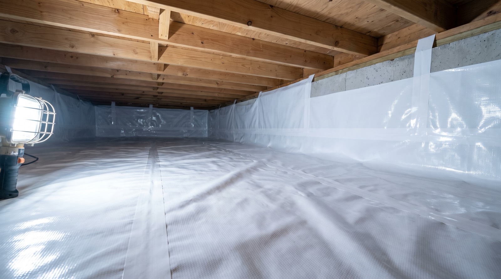 The sealed interior of an encapsulated residential crawl space in Middle Tennessee, with a heavy white liner running across the floor and up the foundation walls